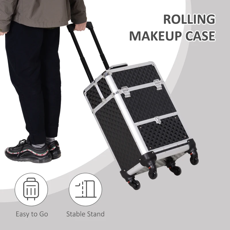 HOMCOM Large Professional MUA Vertical Rolling Full Makeup Travel Train Case - Black