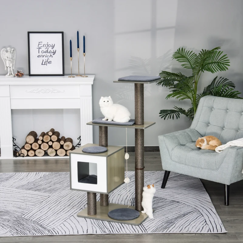 PawHut 120cm Multi-level Cat Tree Kittens Activity Tower with Scratching Posts Pet Play House Furniture, Grey