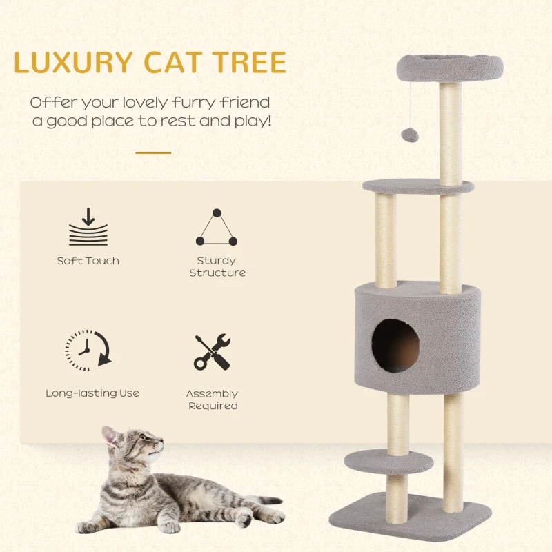 PawHut 5-Levels Plush Cat Tree Tower Activity Center with Sisal Scratching Posts Perch Roomy Condo Funny ball, Grey