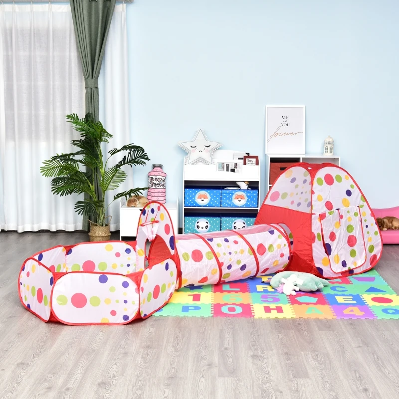 HOMCOM 3 in 1 Kids Pop Up House Play Tent set Ball Pit Easy Setup Mesh with Tunnel Gift