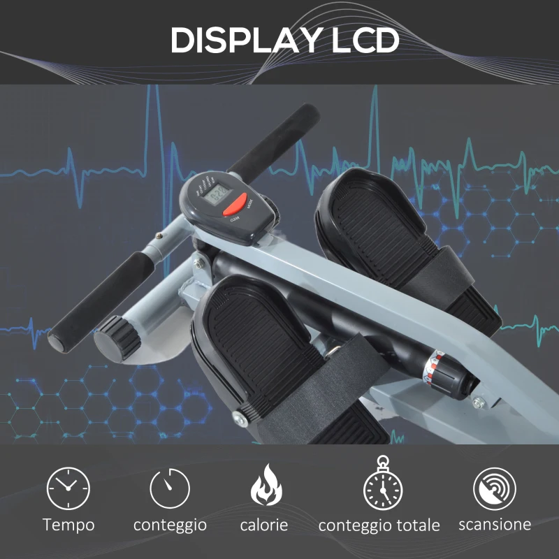HOMCOM Vogatore Professionale a Tiraggio Centrale per Allenamento da Casa Salvaspazio con Display 130 x 47.5 x 67cm