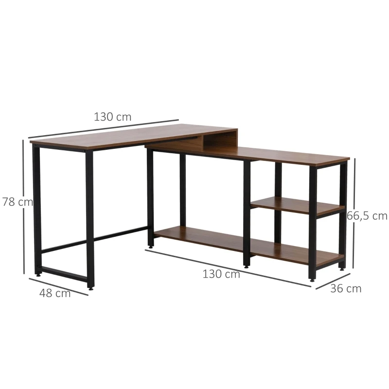HOMCOM L-Shaped Computer Table with Storage Shelves Home Office Corner Industrial Style Workstation , Walnut Wood Grain