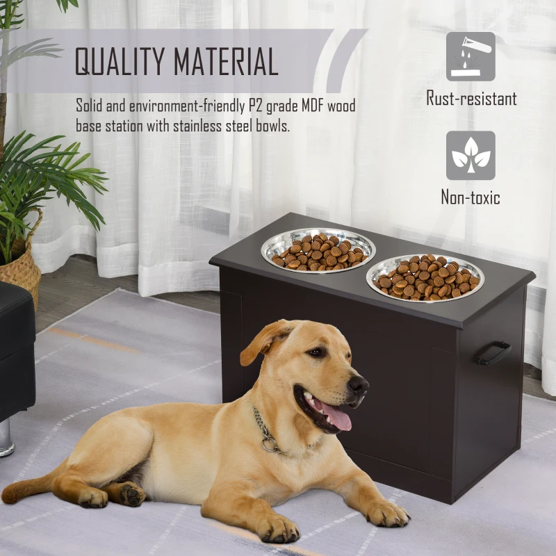 PawHut Raised Pet Bowls with Storage Function 2 Stainless Steel Dog Bowls Elevated Base for Large Dogs and Other Large Pet Dark Brown