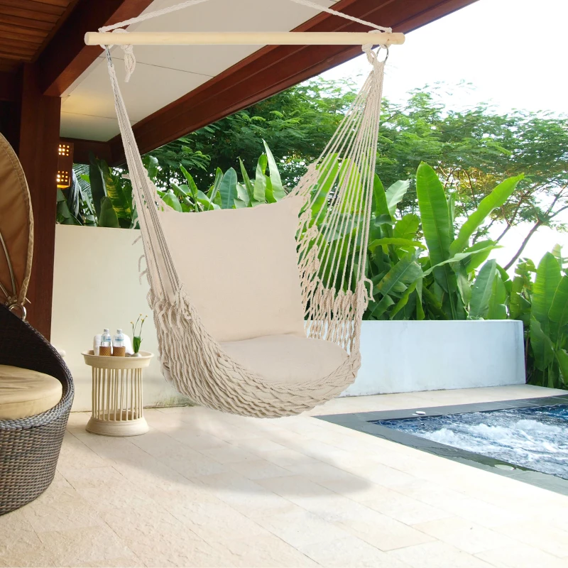 Outsunny Hammock Chair Hanging Rope Swing w/ Cushions Quality Cotton Weave for Superior Comfort, Durability Indoor or Outdoor Spaces