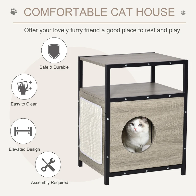 PawHut Wooden Cat House Kitty Shelter Bed with Cushion Cat litter box End Table Hideaway Cabinet with Storage Grey, 48 cm x 40 cm x 64.5 cm