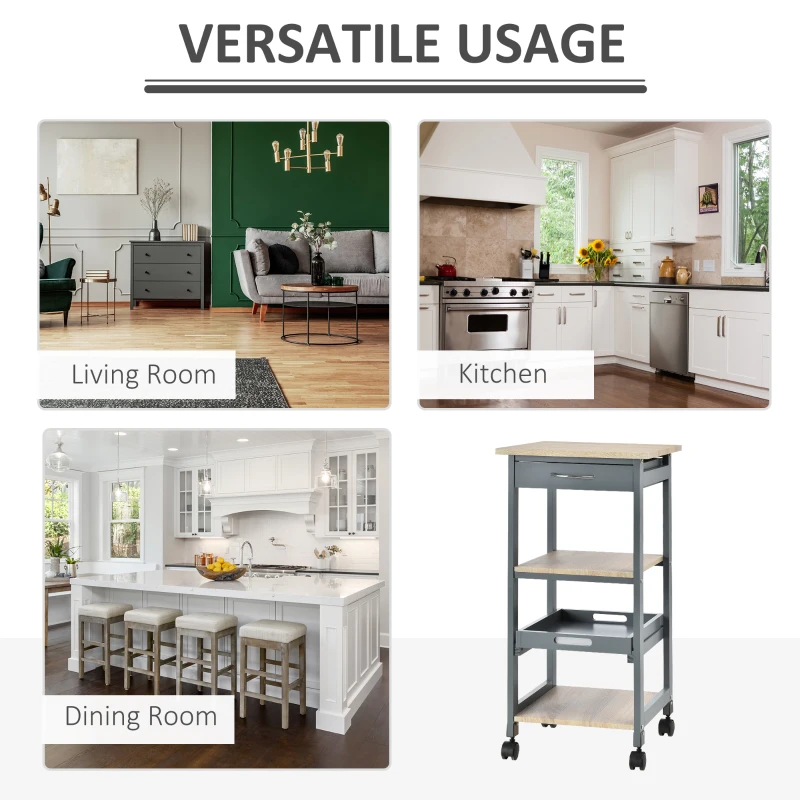 HOMCOM Multi-tier Rolling Kitchen Trolley Serving Cart with 3-Bottle Wine Rack, 1 Drawer, 1 Tray