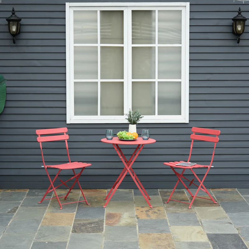 Outsunny 3pc Garden Table Set Foldable Dining Set with 1 Round Table and 2 Chairs Backyard Outdoor, Red
