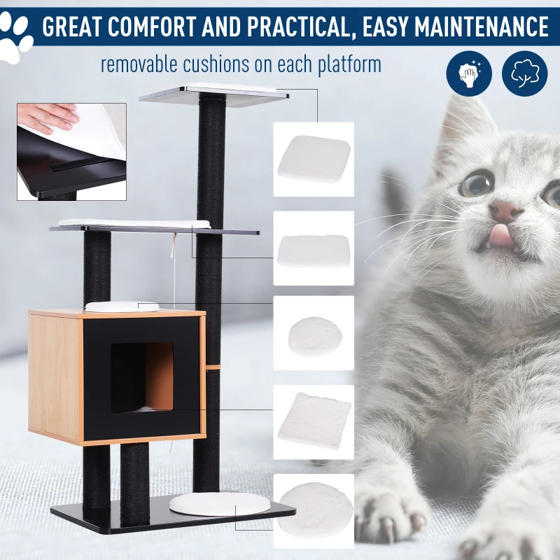 PawHut Cat Tree with Condo, Sisal Scratching Post and Washable Mat Black