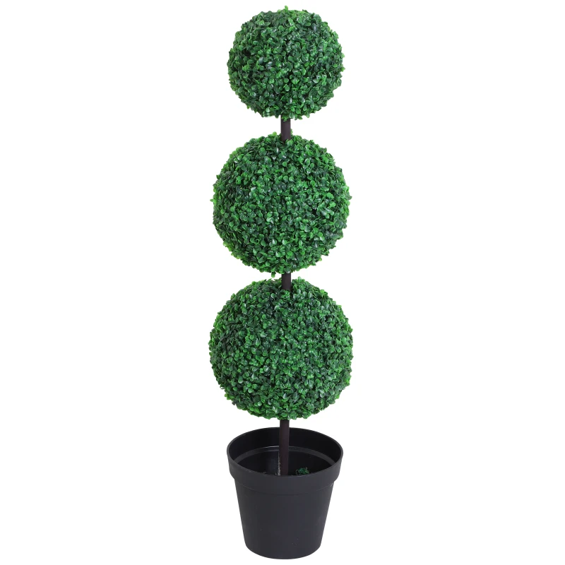 Outsunny Artificial Boxwood Three Balls Tree Decorative  Plant Leaves w/ Black Nursery Pot Home Décor