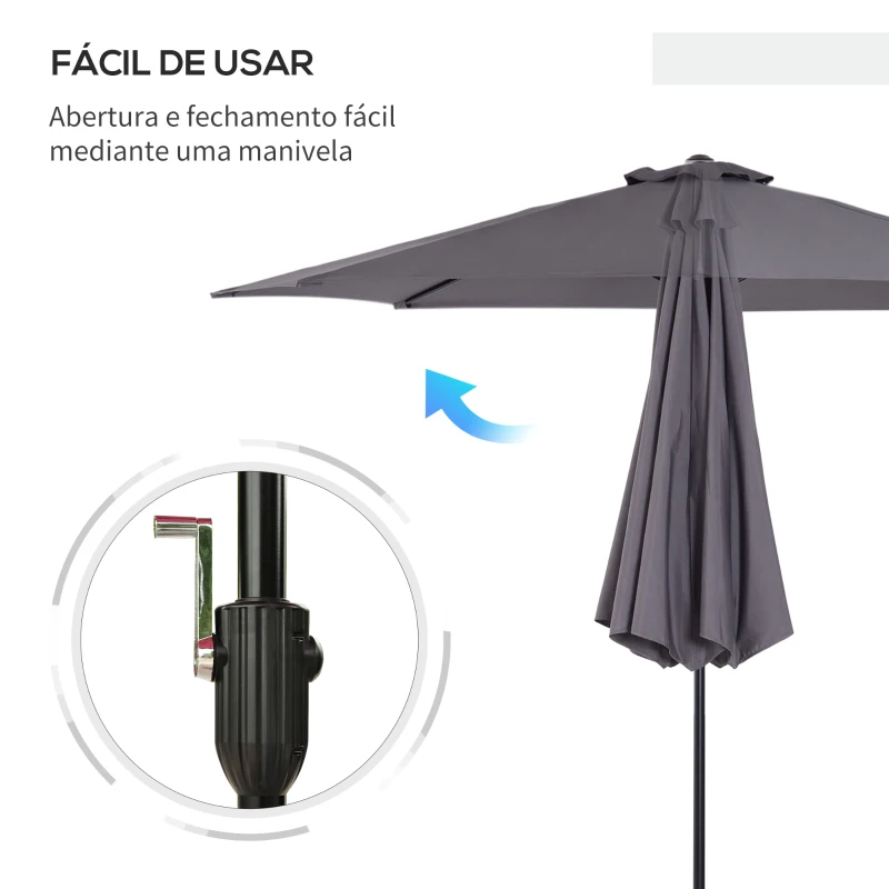 Outsunny Chapéu de Sol de Jardim Ø295x250cm com Manivela Chapéu de Sol Exterior com Mecanismo de Inclinação e Mastro Desmontável de Metal para Terraço Piscina Pátio Cinza Escuro