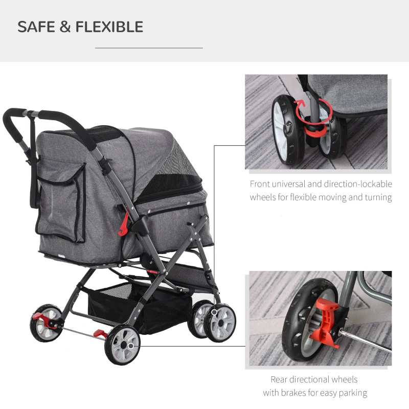 PawHut Pet Stroller Foldable Dog/Cat Travel Carriage with Reversible Handle EVA Wheels Brakes Basket Storage Bag 3-stage Canopy Zippered Mesh Window Door Grey