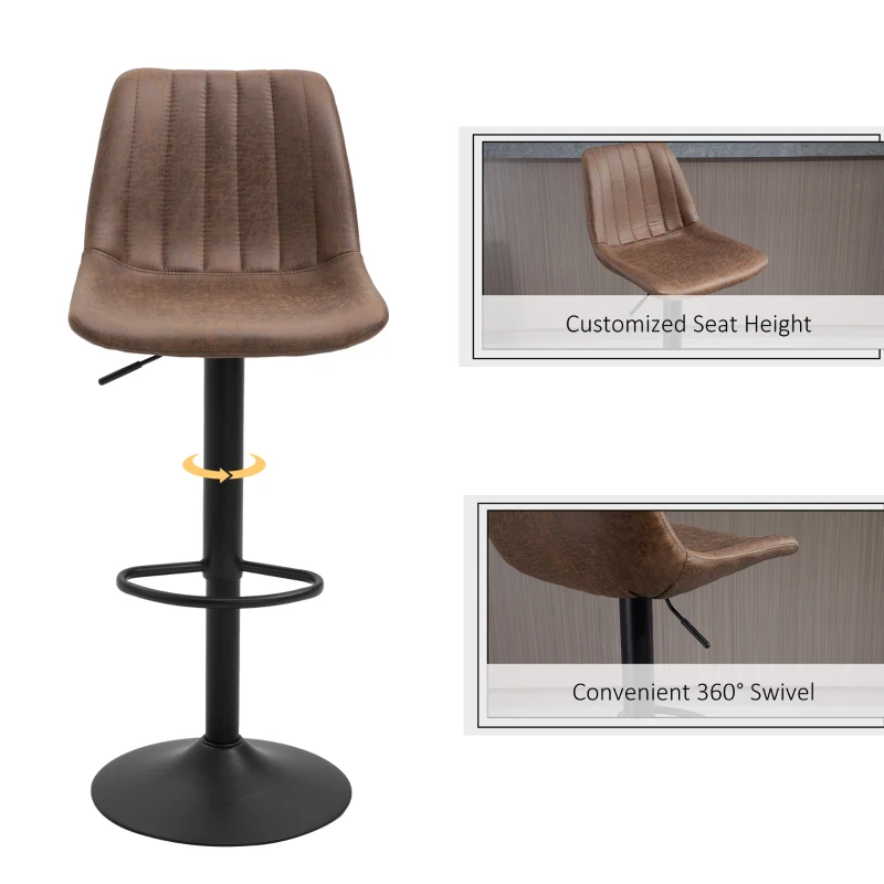 HOMCOM 2 Piece Vintage Barstools Adjustable Height Dining Counter Chair 360° Swivel with/ Footrest for Home Pub, Brown