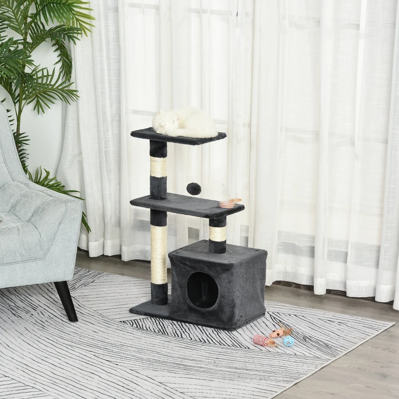 PawHut Plush Cat Tree Tower Activity Center with Sisal Scratching Posts Perch Condo, Dark Grey