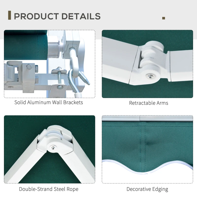 Outsunny 2.5x2m Retractable Manual Awning Window Door Sun Shade Canopy Patio Shelter Aluminum Frame Dark Green