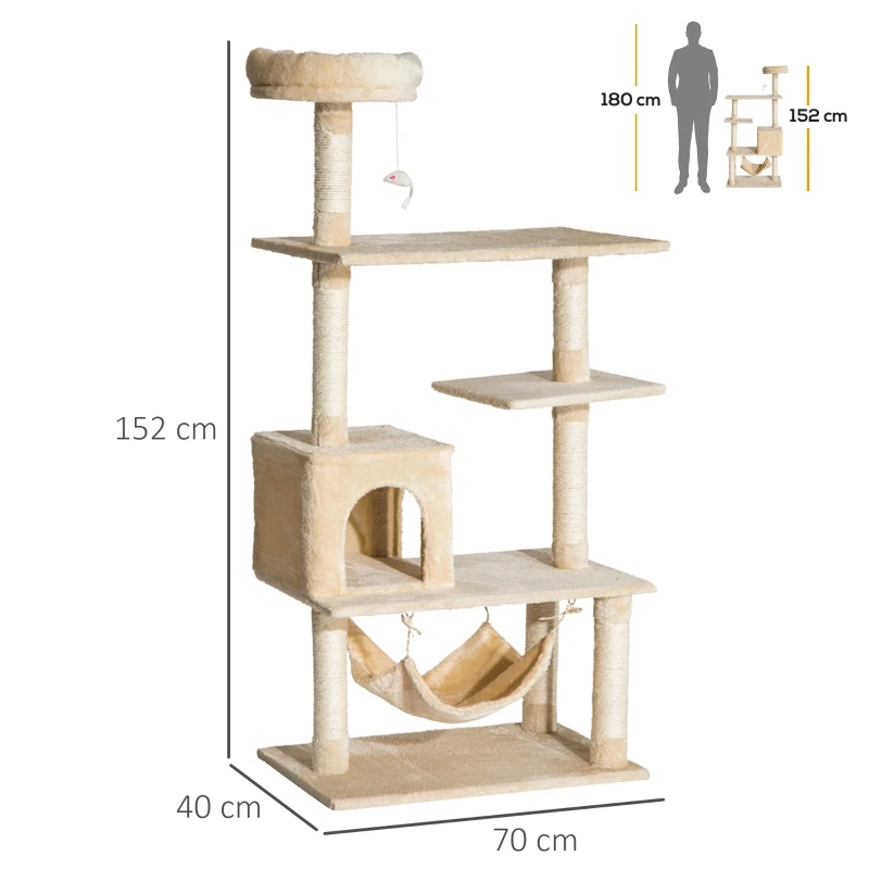 PawHut 152cm Plush Cat Tree Tower Climbing Frame Activity Center with Sisal Scratching Posts Hammock Perch Condo Dangle Toy Beige