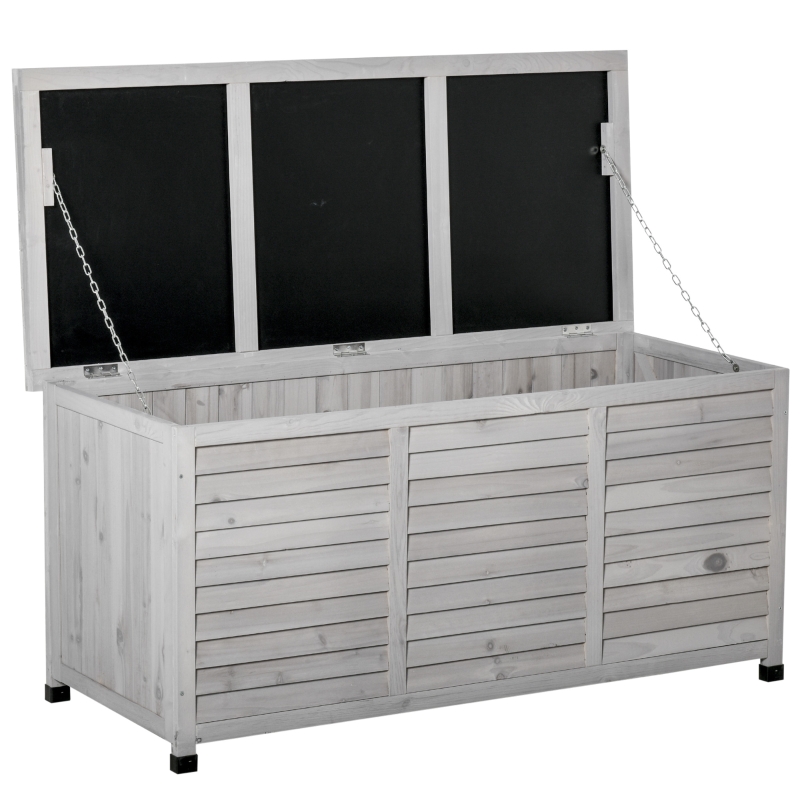 Outsunny Garden Wooden Storage Container Box Multipurpose Outdoor Patio Furniture w/ Chains for Outdoor Garden Tools and Pool Toys, Grey