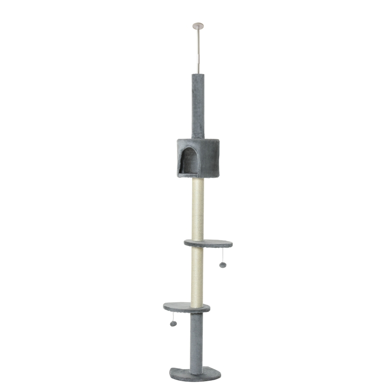 PawHut 220-280 cm Cat Tree Height Adjustable Floor-to-Ceiling 4-Tier Kitty Climbing Activity Center Condo Cat Toy with Scratching Post Hanging Balls Play Rest Post Pet Furniture Grey