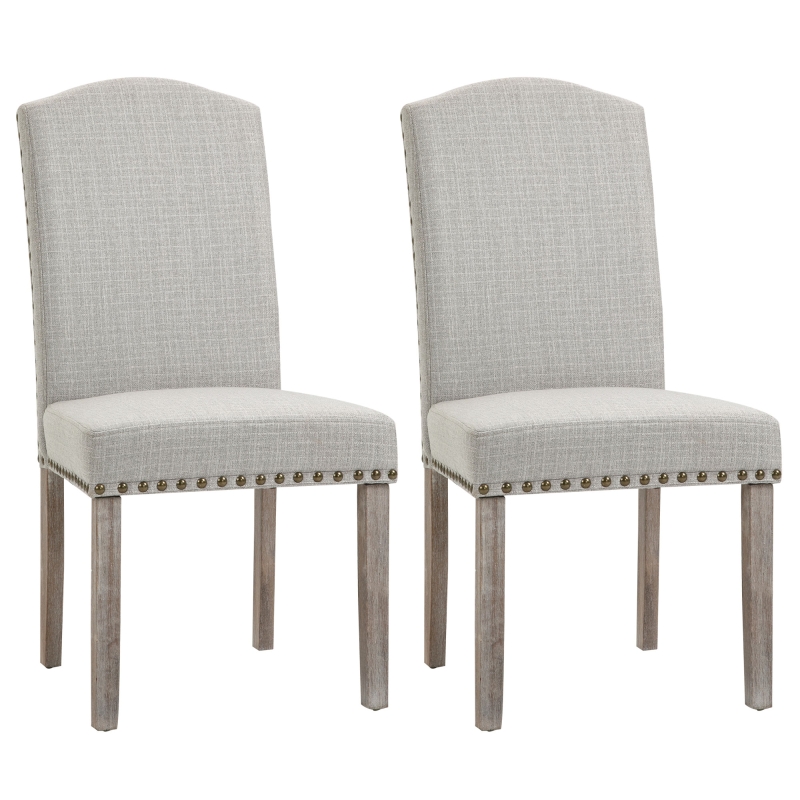 HOMCOM Vintage Upholstered Linen Fabric Dining Chairs with Nailhead Trim & Wood Legs Set of 2, Cream White