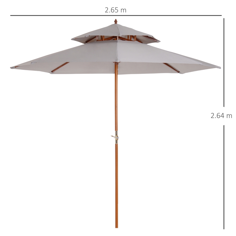 Outsunny 2.7m Wood Garden Parasol Sun Shade Patio Outdoor Market Umbrella with 2-Tier Canopy, Grey
