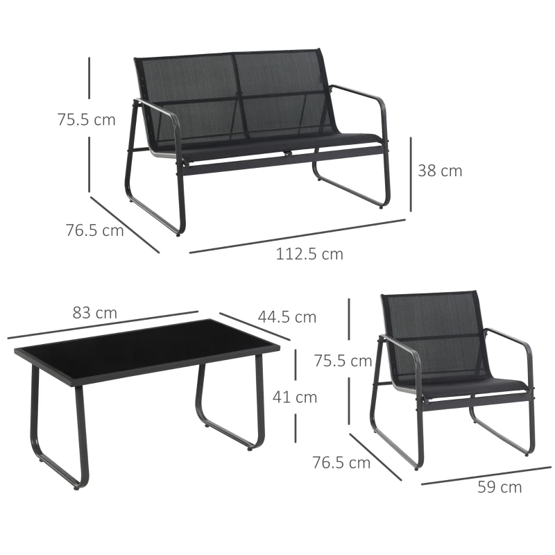OUTSUNNY 4 Pieces Garden Conversation Set Outdoor Patio Furniture Set with Loveseat, Single Chairs and Coffee Table for Poolside, Terrace and Balcony, Black
