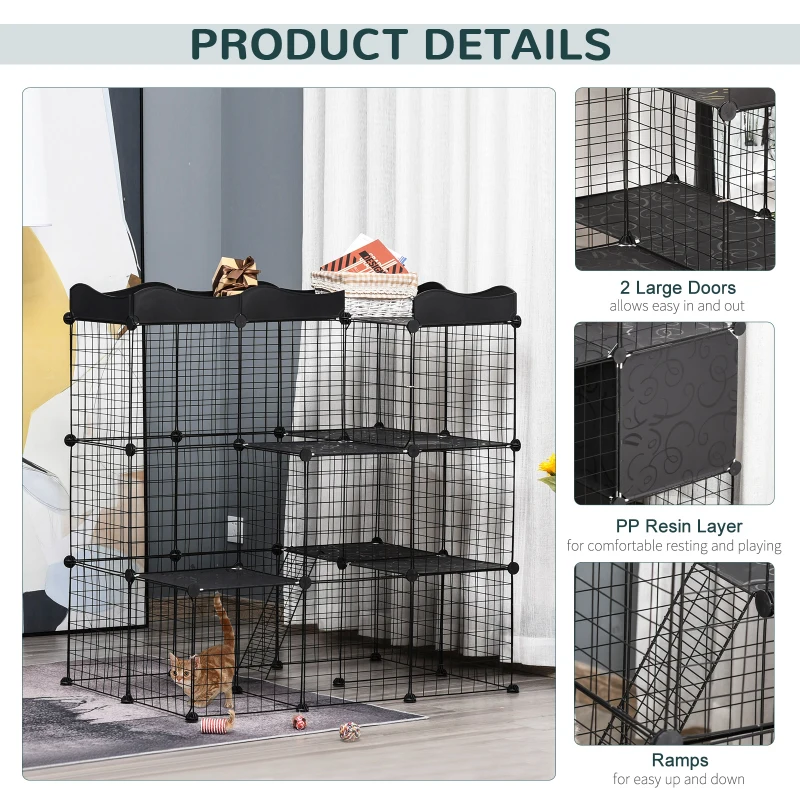 PawHut Pet Playpen DIY Small Animal Cage Fence with Door Ramp Accessories Indoor Outdoor for Kitten Pet Mink Black