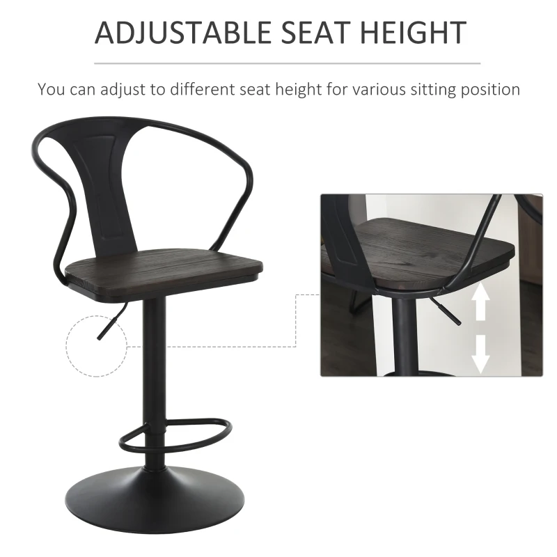 HOMCOM Modern Set of 2 Bar Chairs Swivel Chair Height Adjustable Backrest Wooden Metal 5 Caster Wheels Sturdy Black