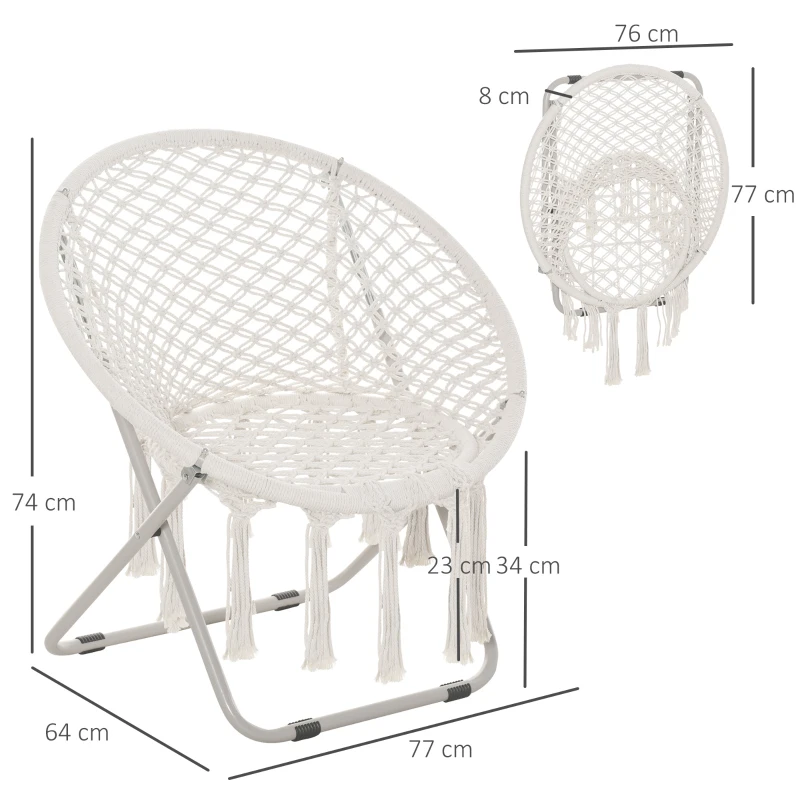 Outsunny Moon Saucer Chair for Adults & Kids Folding Design Bohemian Style with Hand-woven Cotton Tassal for Bedroom Livingroom Garden Max 150kg White