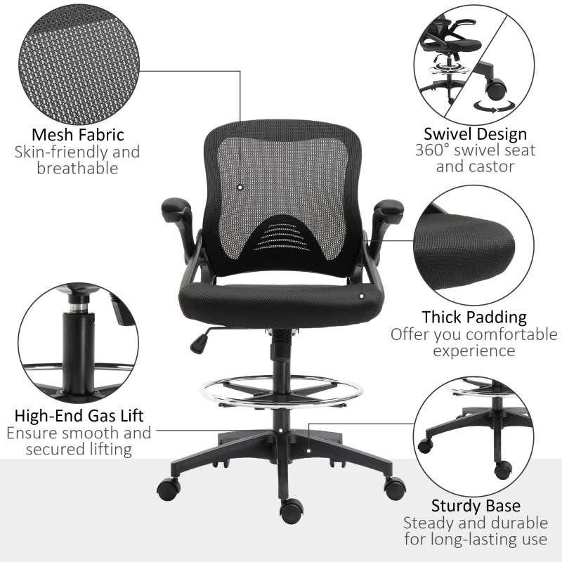 Vinsetto Adjustable Drafting Chair Tall Office Chair Ergonomic Mesh Back with Flip-up Armrest and Footrest, 360° Swivel, Black