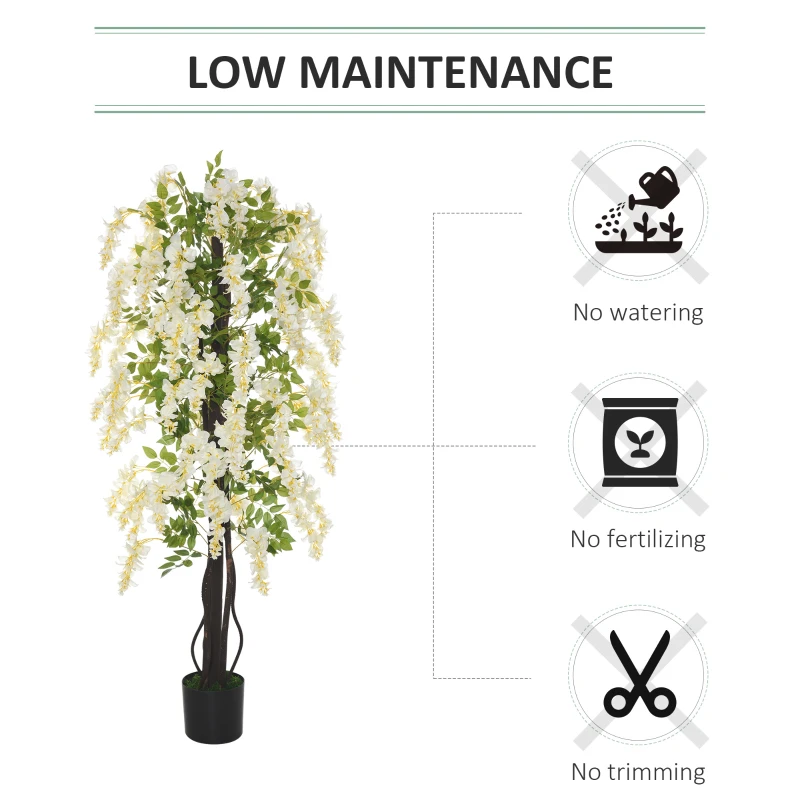 OUTSUNNY Artificial Wisteria Flowers Tree Fake Vine Ratta Silk Flowers with Nursery Pot for Indoor Outdoor Décor, 165cm, White and Green