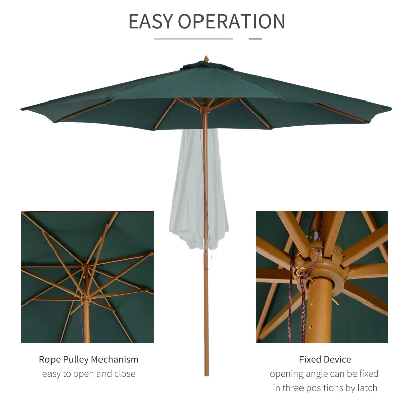 Outsunny 3m Wood Garden Parasol Sun Shade Patio Outdoor Market Umbrella Canopy with Top Vent, Green