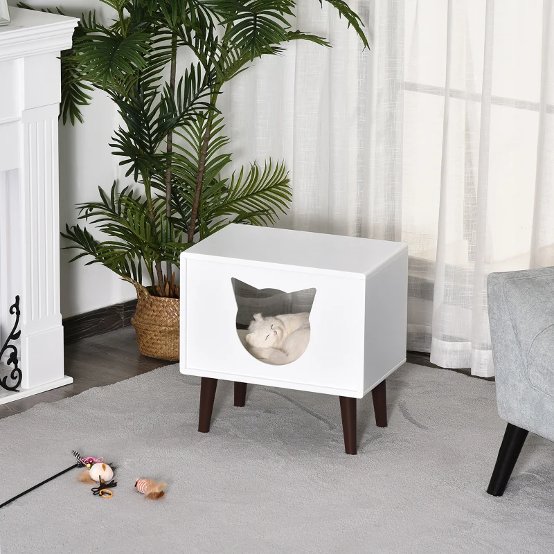 PawHut Wooden Cat House, Kittens Activity Center, Elevated Semi-open Pet Play House Furniture with Soft Cushion, Condo Box
