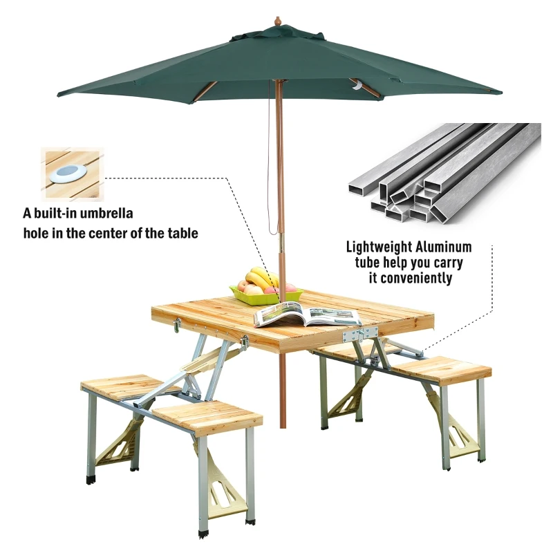 OUTSUNNY Portable Folding Camping Picnic Table Party Field Kitchen Outdoor Garden BBQ Chairs Stools Set Wooden Wood