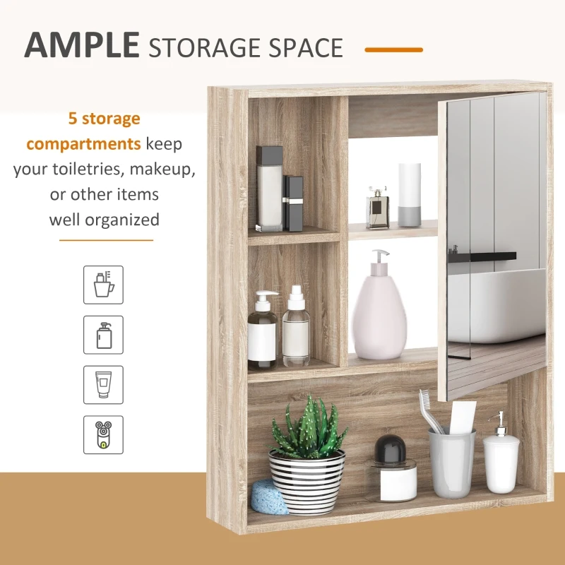 Kleankin Wall-Mounted Wooden Storage Bathroom Mirror Cabinet with Glass Door Adjustable Open Shelf Oak Grain