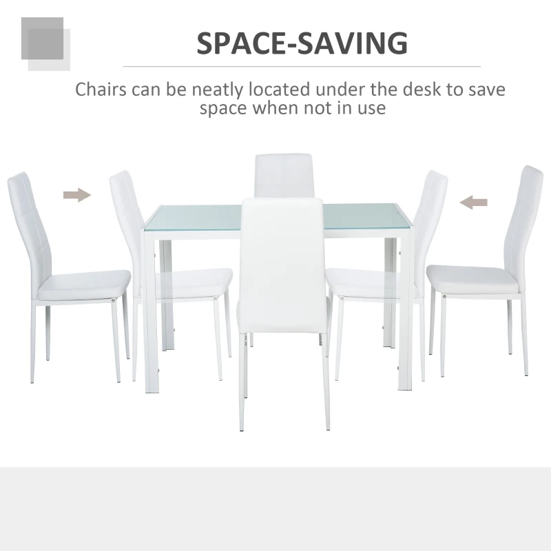 HOMCOM 5-Piece Kitchen Dining Table Set with 4 Faux Leather Metal Frame Chairs Glass Tabletop Desk for Dining Room, Kitchen, Dinette, White