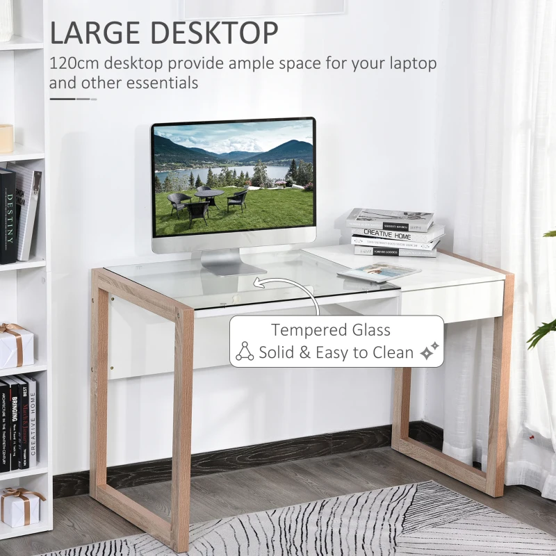 HOMCOM Computer Desk Workstation Center Writing Laptop Table Glass Top Modern Design Furniture for Home Office Study Use