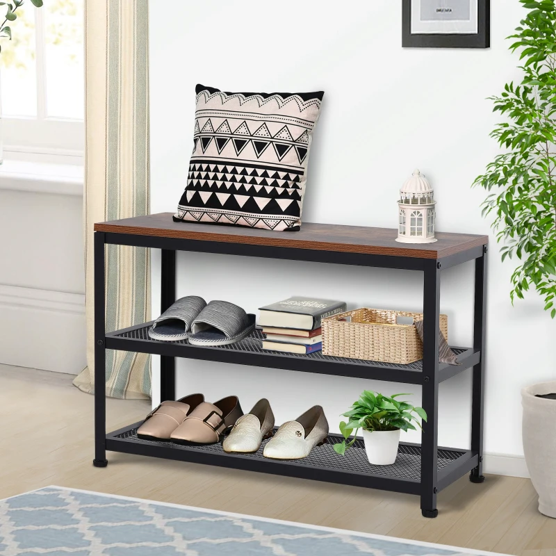HOMCOM 3-Layer Shoe Rack Storage, Metal Frame with 2 Mesh Shelves, Rustic Colour Seat for Living Room and Hallway