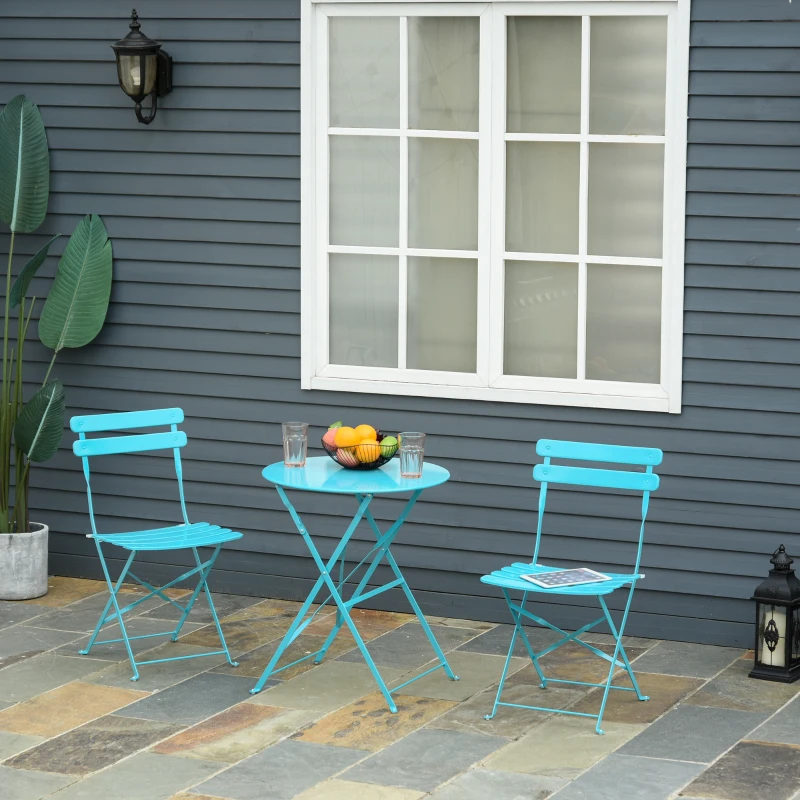 Outsunny 3pc Garden Table Set Foldable Dining Set with 1 Round Table and 2 Chairs Backyard Outdoor, Blue