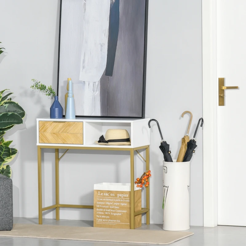 HOMCOM Console Sofa Table Modern Hallway Desk with Drawers Storage Shelves for Entryway Living Room Bedroom White and Gold