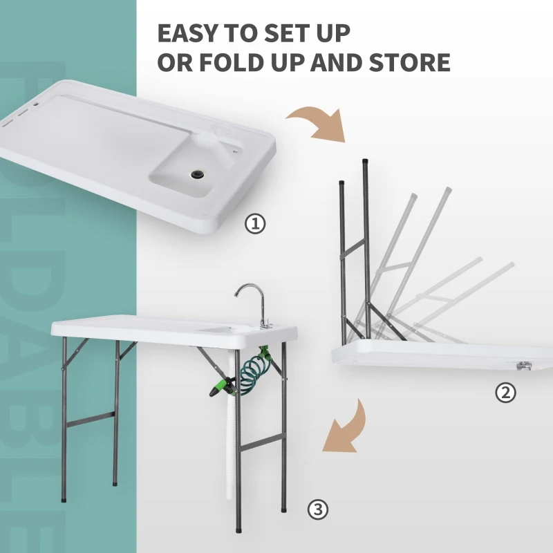 Outsunny Outdoor Folding Table with Sink and Faucet Organized Fishing Table for BBQ Camping Picnic Garden 114.5x59x94.5cm/45"x23.25"x37.25" White