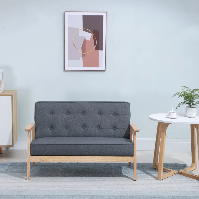 HOMCOM Modern 2-Seat Loveseat Sofa Linen-Touch Fabric Upholstered Tufted Couch with Rubberwood Legs