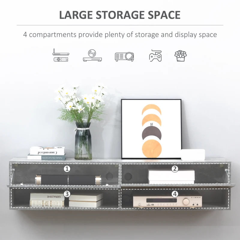 HOMCOM Floating 60'' TV Stand Wall Mounted Media Console Table Cabinet with 4 Storage Shelves Cable Management System Grey