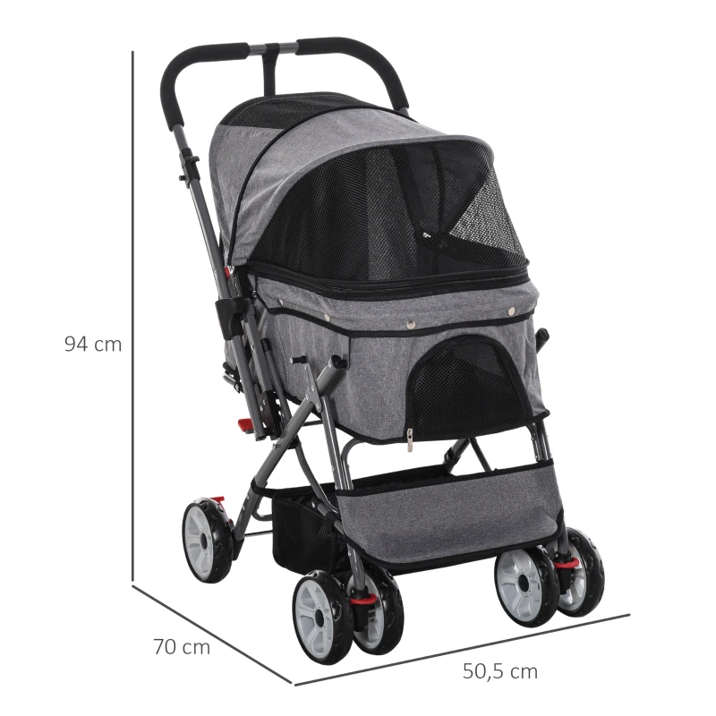 PawHut Pet Stroller Foldable Dog/Cat Travel Carriage with Reversible Handle EVA Wheels Brakes Basket Storage Bag 3-stage Canopy Zippered Mesh Window Door Grey