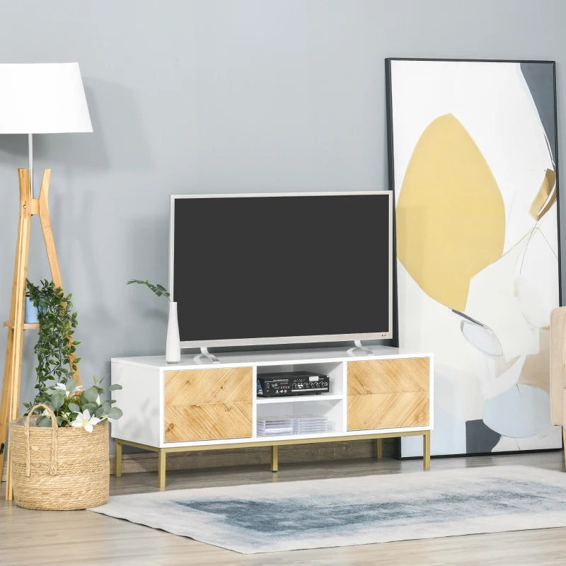 HOMCOM Modern TV Stand Cabinet for TVs up to 60'' Flat Screen with Metal Legs and Cable Hole, Entertainment Center with 2 Cupboards and Storage Shelf, Home and Office