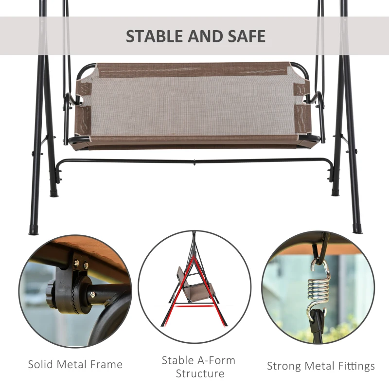 Outsunny 3 Seater Canopy Swing Chair Garden Rocking Bench Patio Balcony Terrace w/ Canopy Brown