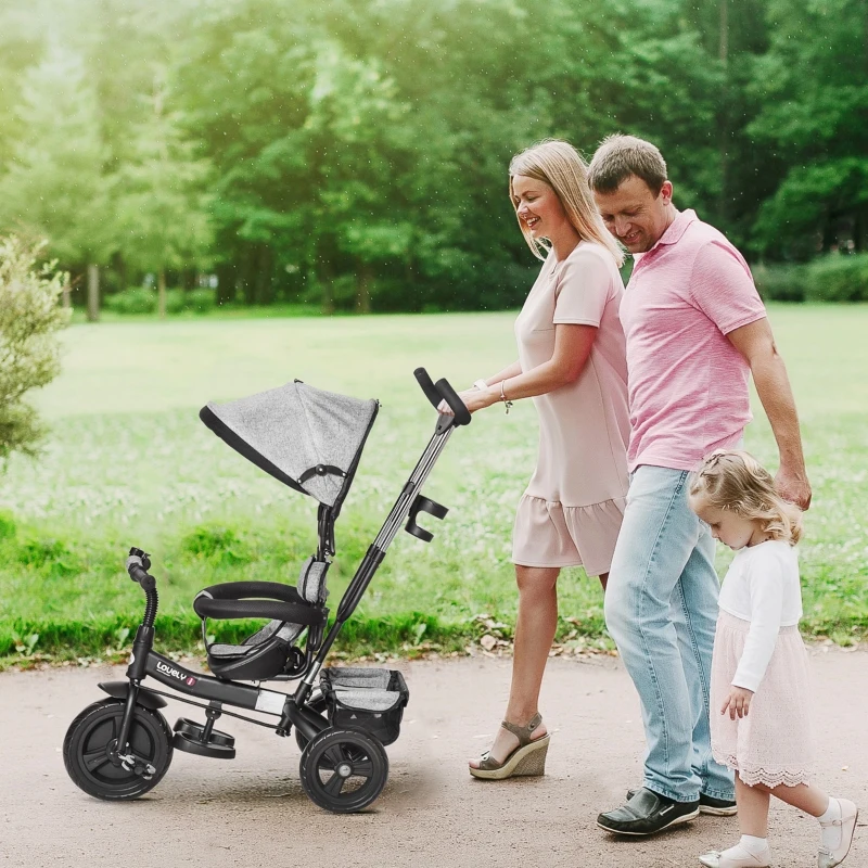 HOMCOM 3 in 1 Kids Tricycle Pedal Push Trike w/ Pusher Removable Canopy Safety Belt Storage Footrest Brake for 18 Months to 5 Years Grey