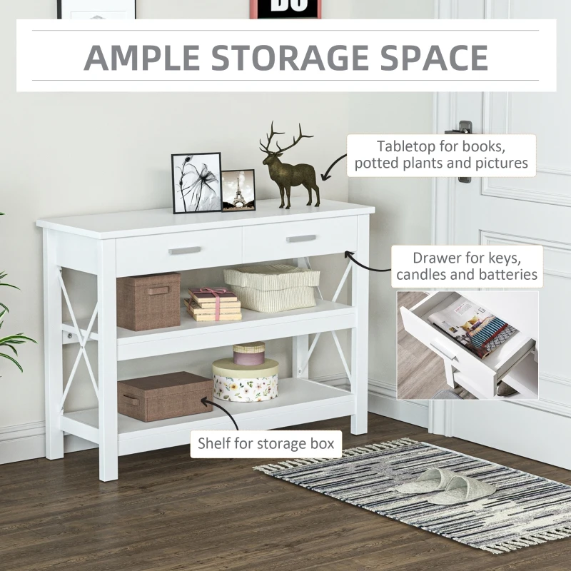 HOMCOM Entryway Console Sofa Table with 2 Drawers and Storage Shelves,Steel X-Frame, White