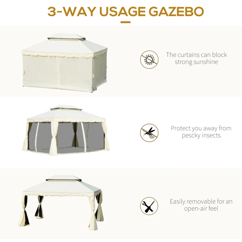 OUTSUNNY 10x13ft Aluminum Frame Gazebo Canopy Double Tier Garden Shelter with Netting and Curtains