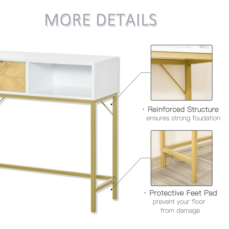 HOMCOM Console Sofa Table Modern Hallway Desk with Drawers Storage Shelves for Entryway Living Room Bedroom White and Gold