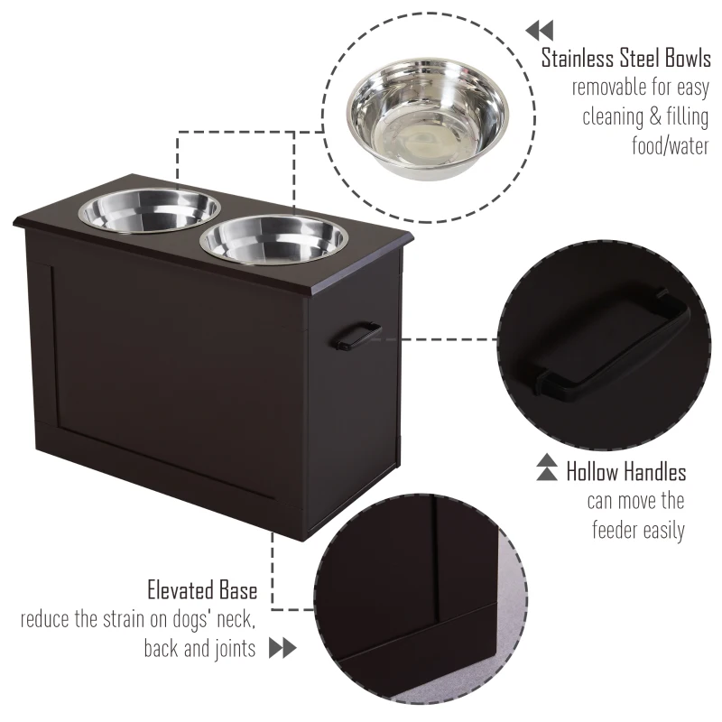 PawHut Raised Pet Bowls with Storage Function 2 Stainless Steel Dog Bowls Elevated Base for Large Dogs and Other Large Pet Dark Brown