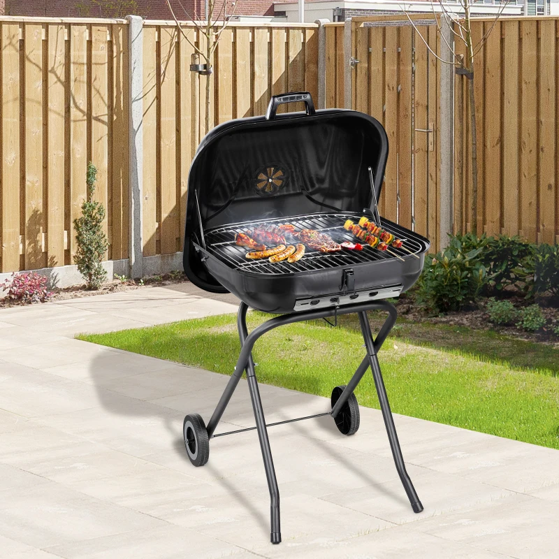 OUTSUNNY 22" Steel Porcelain Portable Outdoor Charcoal Barbecue Grill with Wheels, Black